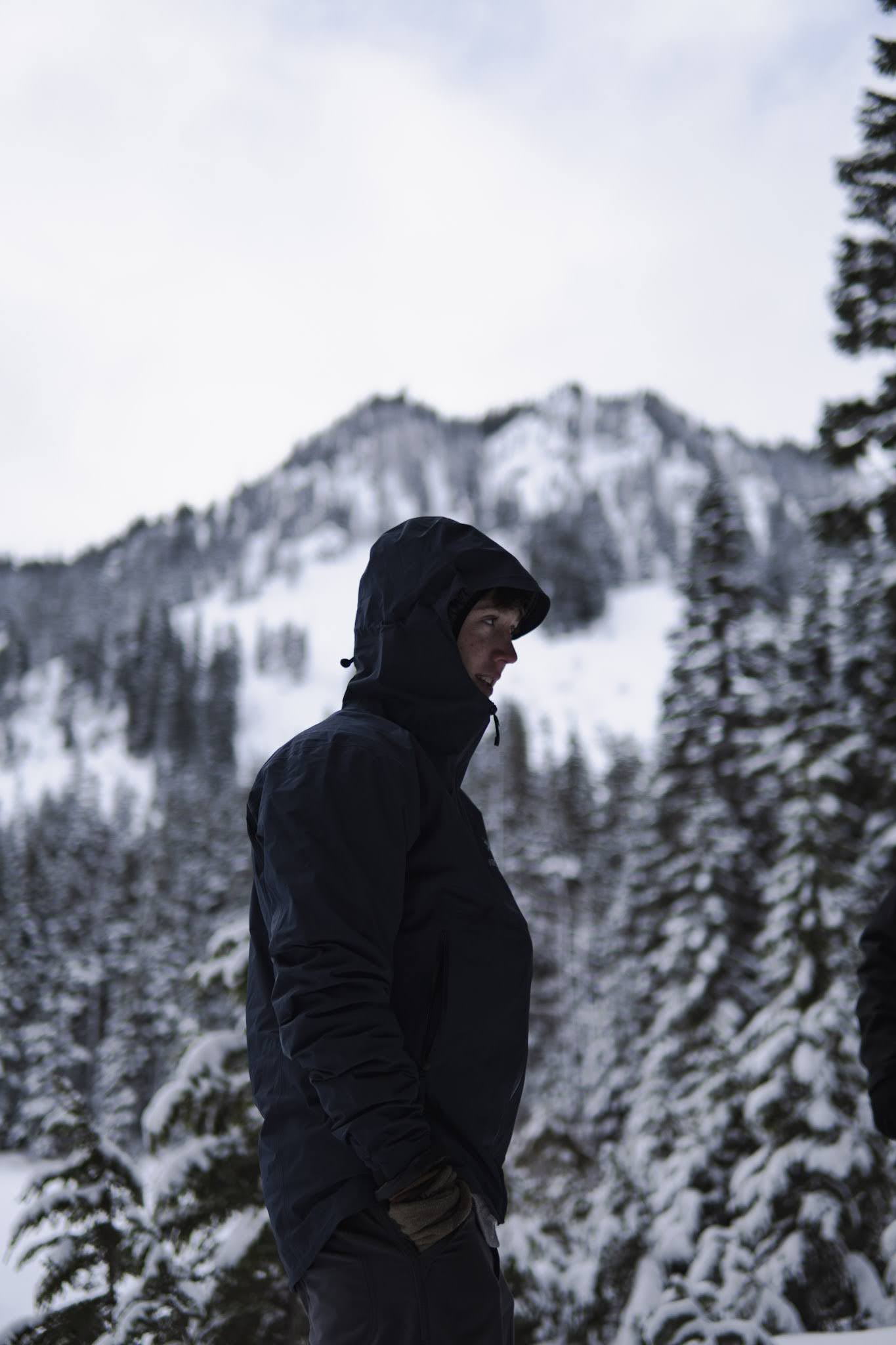 portrait photo of hiker in the snow